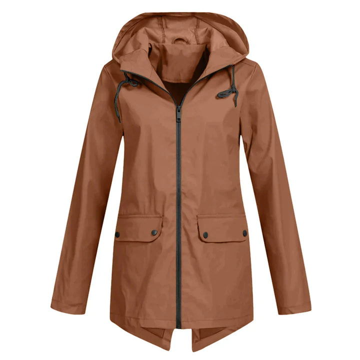 Manteau de pluie long femme ouvert, style moderne, idéal pour la mode et la protection extérieure.