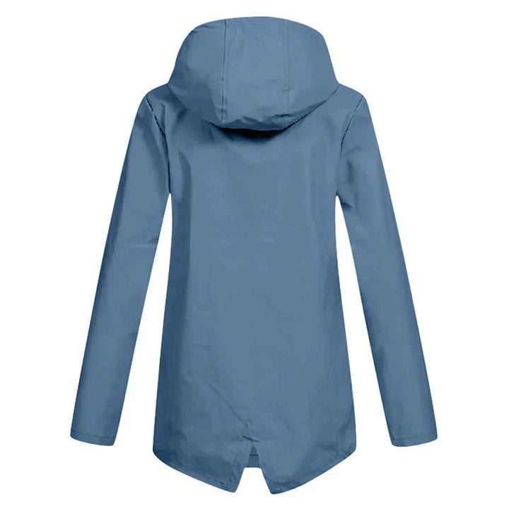 Manteau de pluie long femme, vue de dos, coupe élégante, parfait pour la protection contre la pluie.