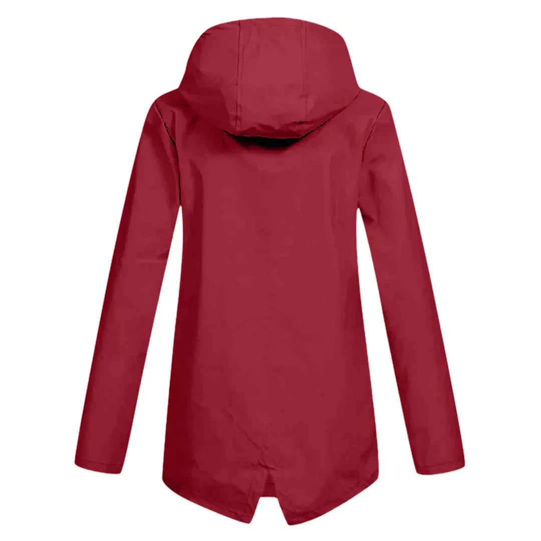 Vue latérale d'un manteau de pluie long femme, design épuré, protection élégante contre la pluie.