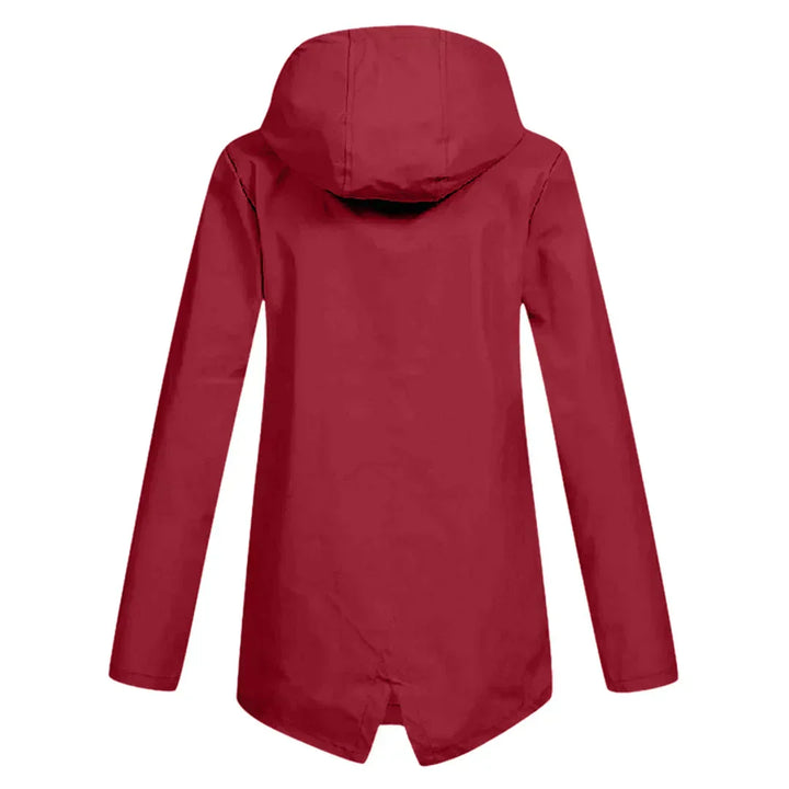 Vue latérale d'un manteau de pluie long femme, design épuré, protection élégante contre la pluie.