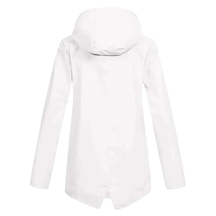 Manteau de pluie long femme, chic et imperméable, présenté sur un cintre, prêt à porter.