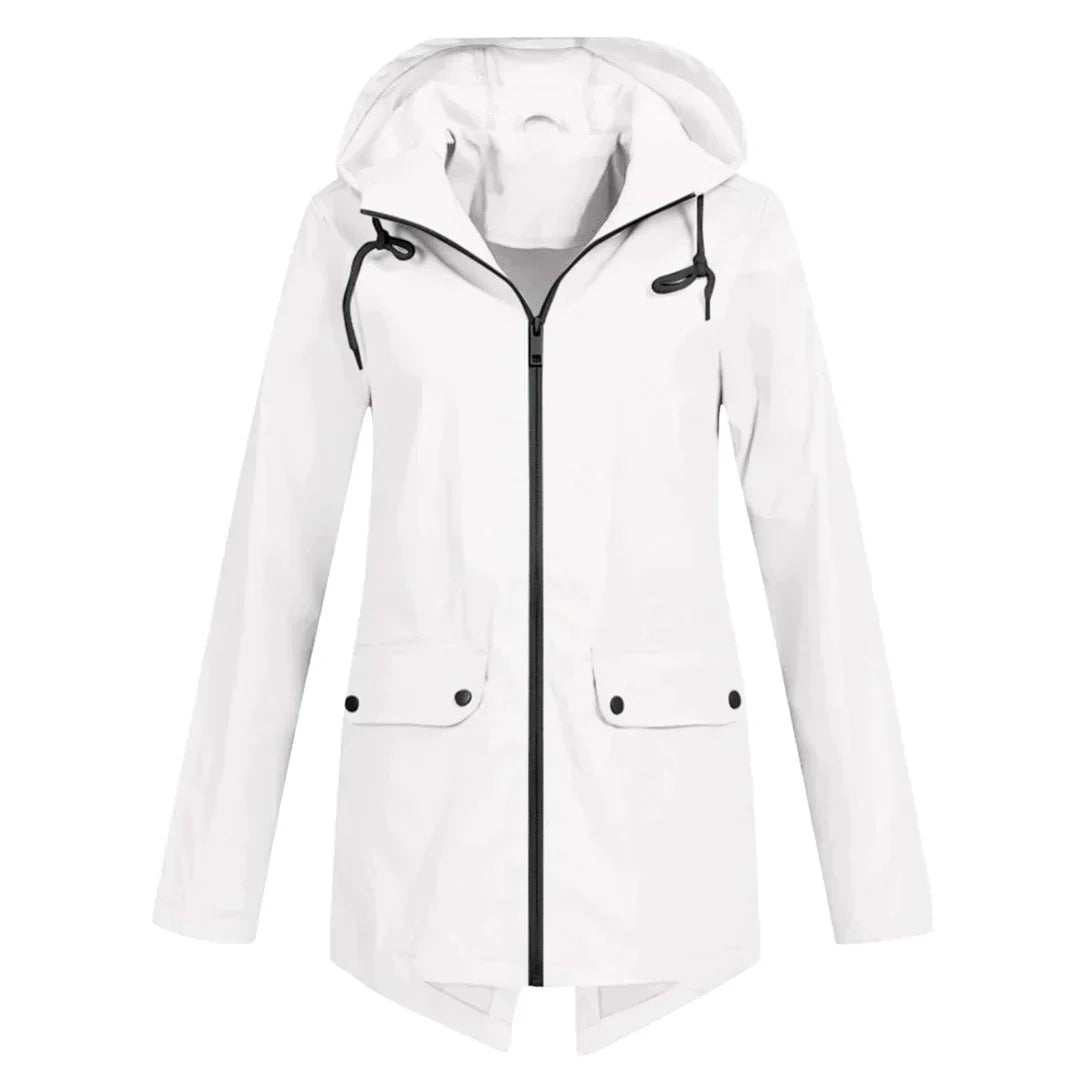 Manteau de pluie long femme avec capuche, protection imperméable élégante pour tête et corps.