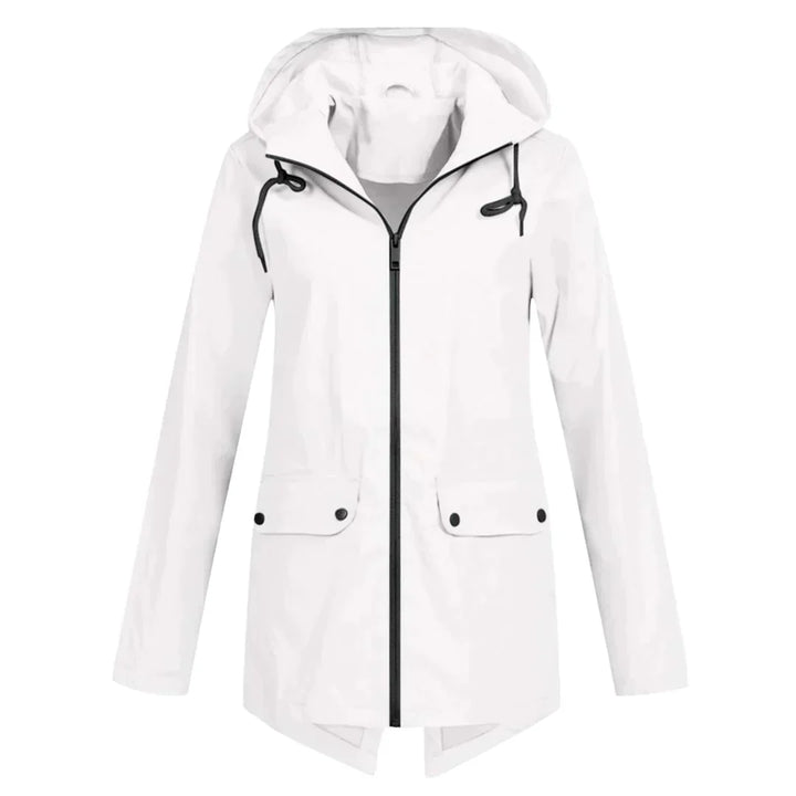Manteau de pluie long femme avec capuche, protection imperméable élégante pour tête et corps.