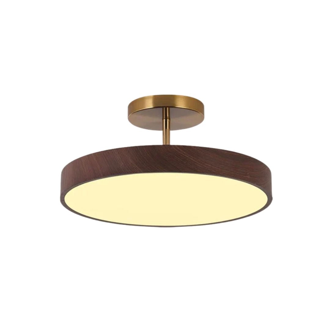 Plafonnier LED Fjell, design minimaliste bois et doré, idéal pour un salon lumineux.