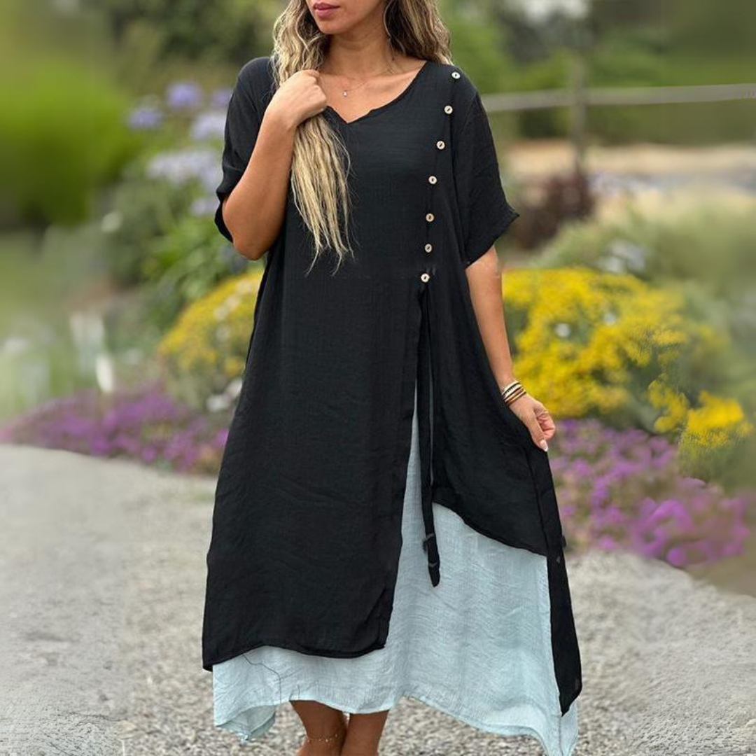 Robe d'été élégante et légère pour femme, col V flatteur, idéale pour un look estival raffiné et confortable.