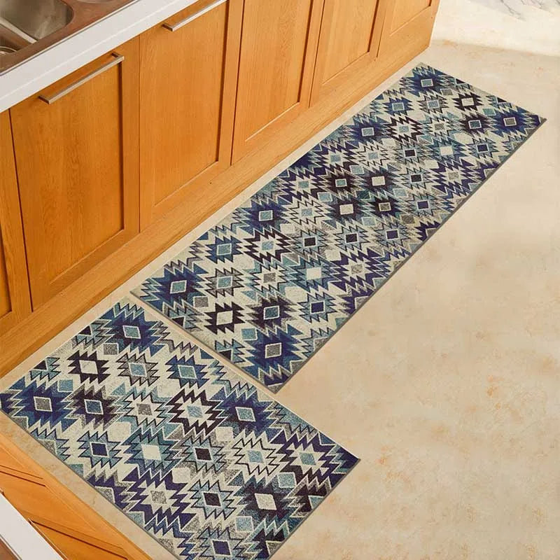 Tapis antidérapant pour cuisine ou balcon, style géométrique moderne et entretien facile.