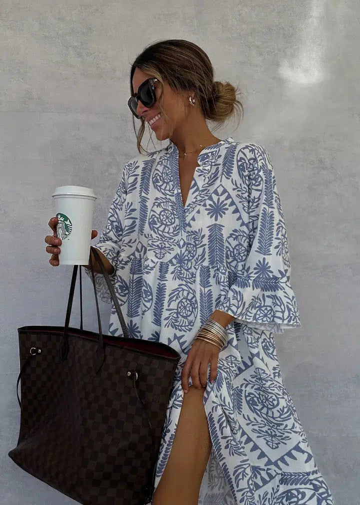 Robe longue femme Anastasia élégante pour l'été et les vacances, style bohème chic, imprimé floral, fluide.