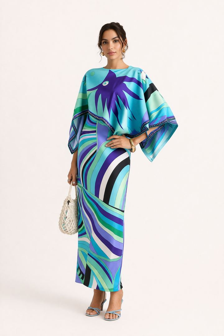 Robe de soirée longue géométrique 2 pièces fluide pour femme. Un style chic et polyvalent pour vos événements d'été.