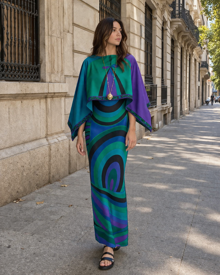 Robe longue sans bretelles 2 pièces, motif géométrique. Chic et fluide, parfaite pour l'été et la soirée.