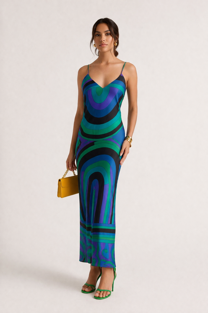 Femme portant une robe longue 2 pièces géométrique élégante. Style fluide et moderne, parfait pour l'été.