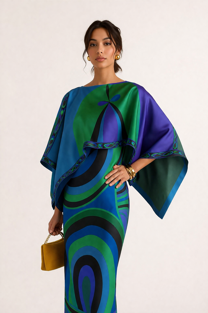Ensemble robe femme 2 pièces imprimé géométrique, coupe longue et fluide. Tenue polyvalente et chic d'été.