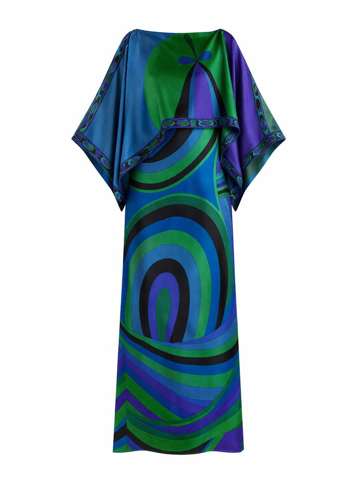 Robe longue femme 2 pièces. Motif géométrique audacieux et coupe fluide. Élégance et confort pour l'été.