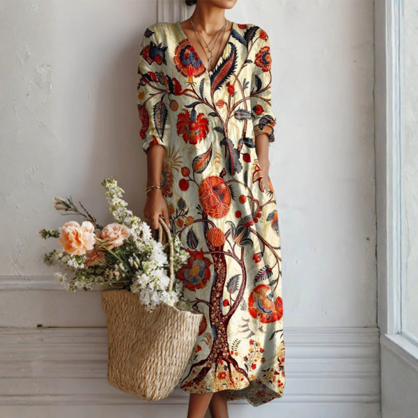 Robe longue fleurie bohème pour femme, style vintage décontracté, imprimé floral abstrait, idéale printemps/été.