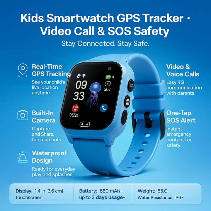 Montre connectée enfant étanche GPS 4G, appel vidéo, caméra et SOS. Sécurité et communication complètes.