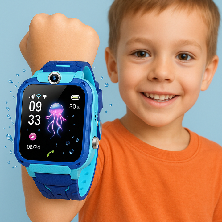 Montre connectée GPS étanche pour enfant, suivi de localisation en temps réel et zone de sécurité personnalisable.
