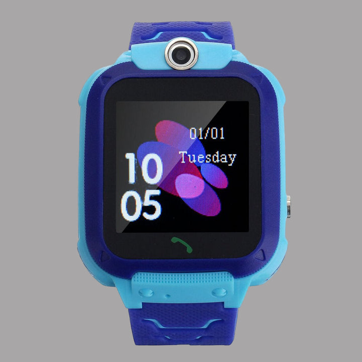 Montre enfant GPS étanche en silicone bleu, idéale pour garçons. Suivi de sécurité et appels bidirectionnels.