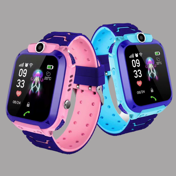 Montre intelligente GPS rose pour fille en silicone doux. Suivi sécurisé, bouton SOS et appels vocaux clairs.