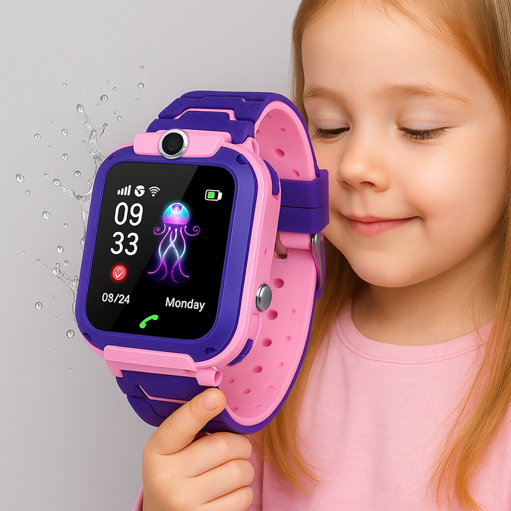 Montre GPS enfant étanche et robuste en silicone. Parfait pour les jeux en extérieur et la sécurité des petits.