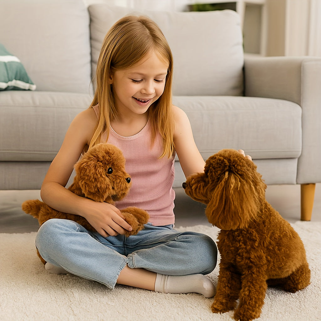 Chien en peluche réaliste et doux de 40cm, parfait compagnon câlin pour enfants et bébés. Jouet sûr.