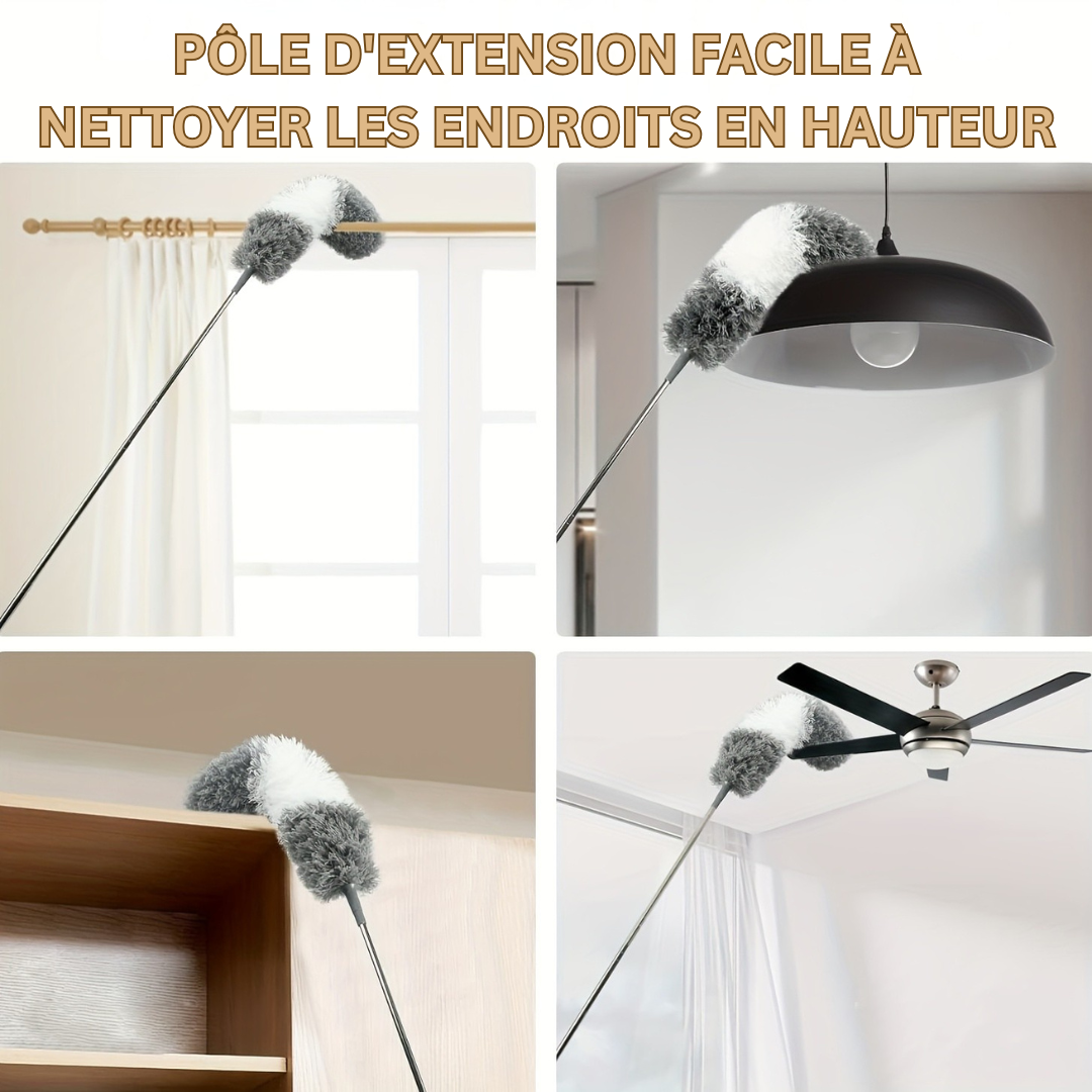 Solution LuxeDust: plumeau télescopique en microfibre ultra-efficace pour un dépoussiérage rapide des plafonds.