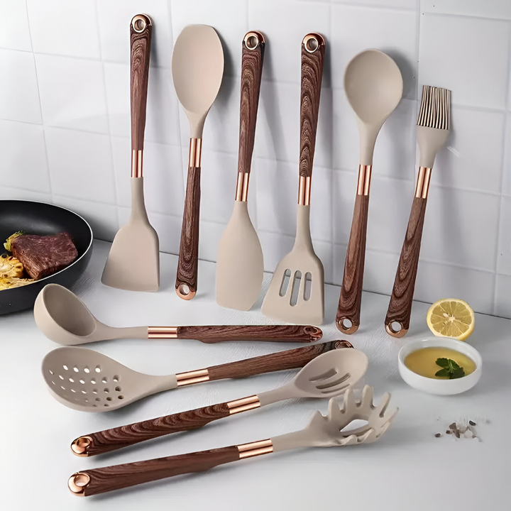Ensemble d'ustensiles de cuisine en silicone noir, antiadhésifs et résistants à la chaleur pour chef.