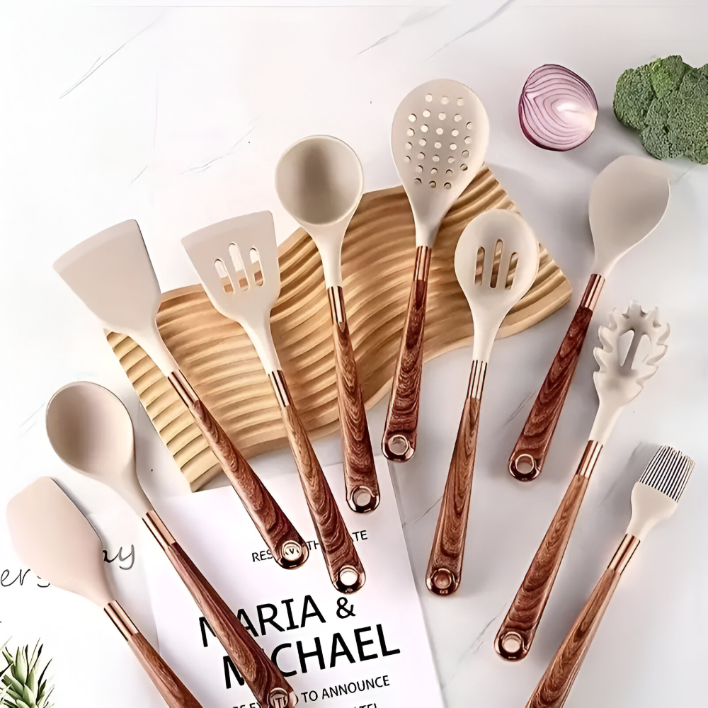 Set complet d'ustensiles de cuisson en silicone premium, idéal pour protéger vos poêles antiadhésives.