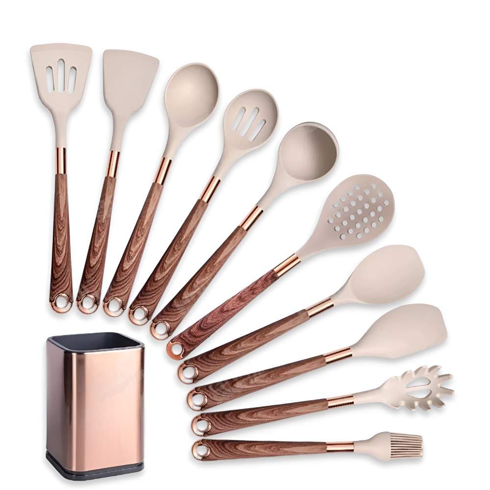 Élégant ensemble d'ustensiles de cuisine en silicone design, antiadhésifs et parfaitement résistants à la chaleur.