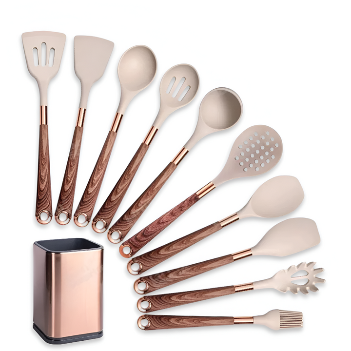 Élégant ensemble d'ustensiles de cuisine en silicone design, antiadhésifs et parfaitement résistants à la chaleur.