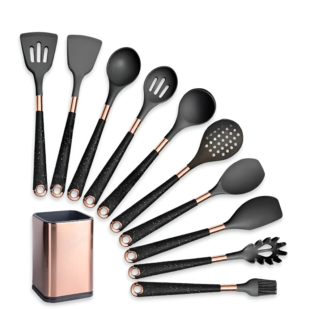 Ustensiles de cuisine en silicone sans BPA, ultra-résistants à la chaleur, idéaux pour toutes les cuissons.