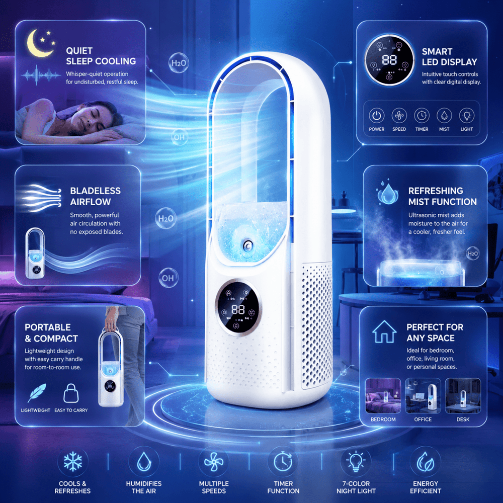 Design moderne du ventilateur tour sans pale. Sécurisé, compact pour maison et bureau.