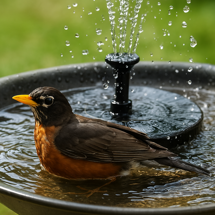 Fontaine solaire flottante fonctionnant à l'énergie du soleil, déco de jardin durable.