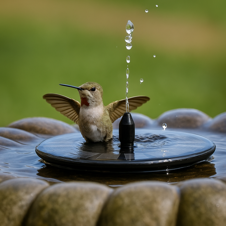Fontaine solaire flottante en plein jour, égayant un coin d'eau ou de jardin extérieur.