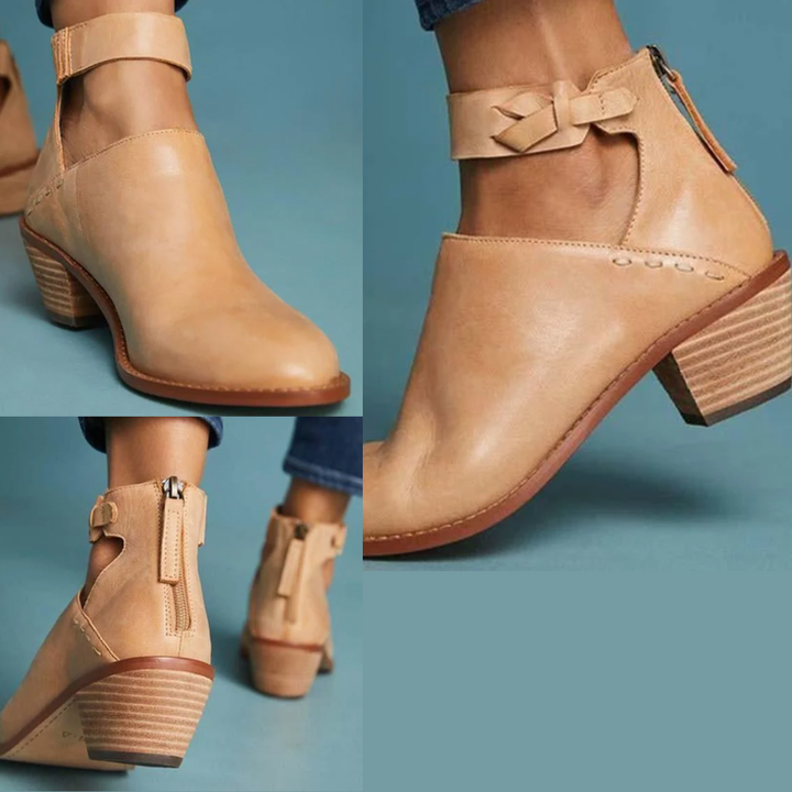 Chaussures bottines à talons pour femme, classiques disponibles en noir, beige et bleu, parfaites élégance.