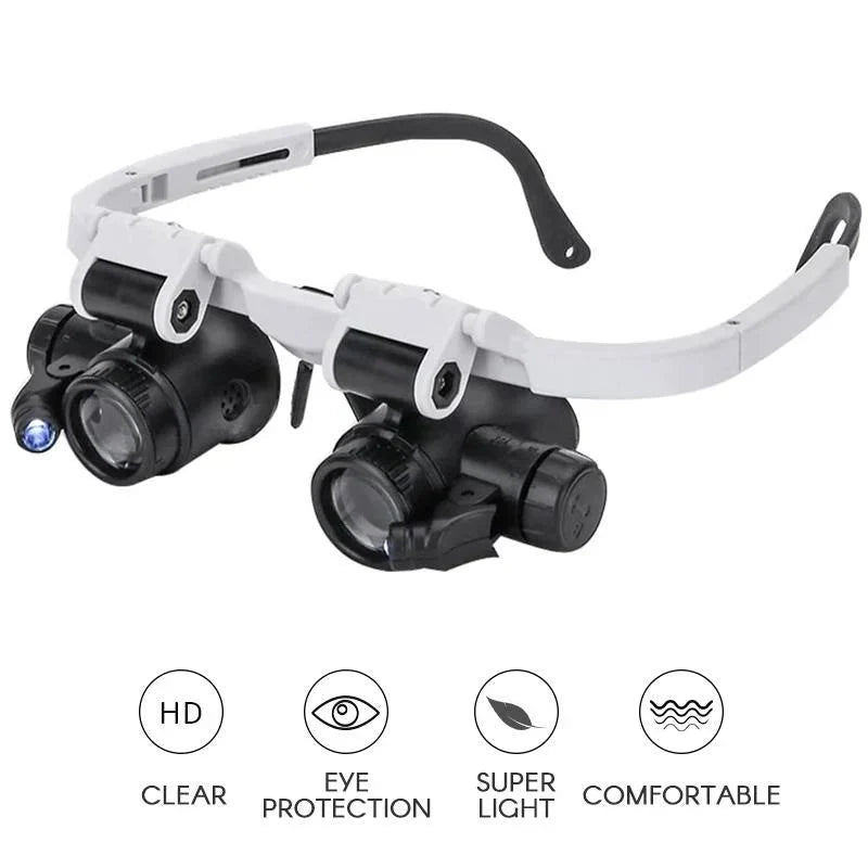 Lunettes loupe confortables avec éclairage LED clair, grossissements puissants pour vision nette.