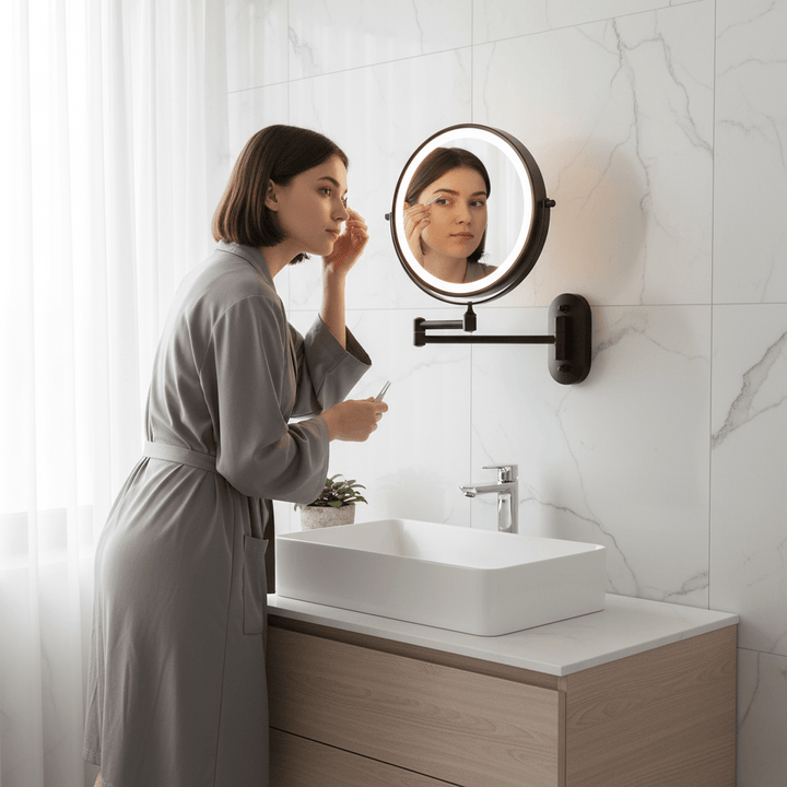 Miroir maquillage LED grossissant LUXMIRROR, idéal pour salle de bain et routine beauté quotidienne.
