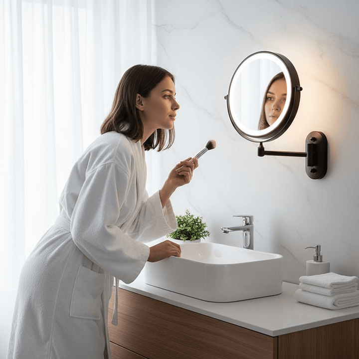 Miroir lumineux LUXMIRROR pour salle de bain, grossissant et réglable, essentiel pour soin de la peau.