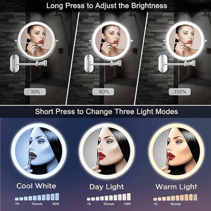 Miroir mural LUXMIRROR LED grossissant pour maquillage, réglable et lumineux, idéal pour cosmétiques.