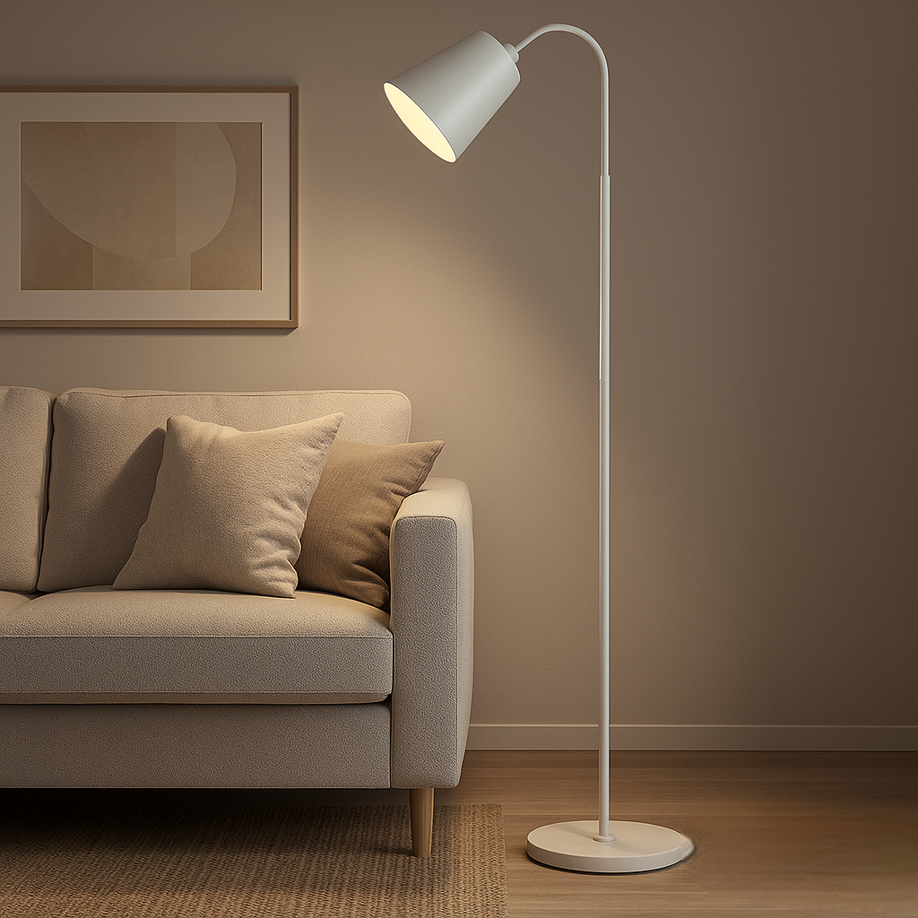 Lampadaire élégant avec structure en bois clair et métal, ampoule E27, idéal pour bureau.