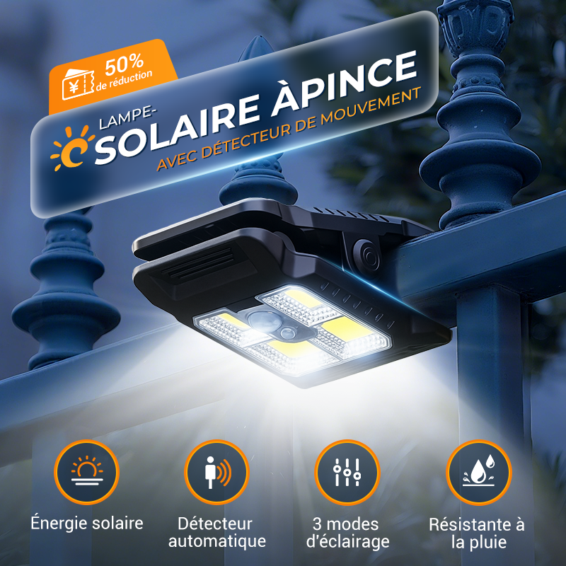 Applique murale solaire autonome, éclairage puissant pour terrasse ou entrée. Détecteur de mouvement intégré.