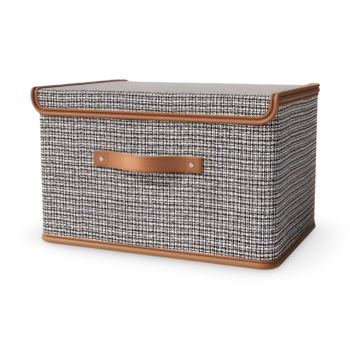 Grande boîte de rangement élégante, pliable avec couvercle, en tissu résistant pour un stockage optimal.