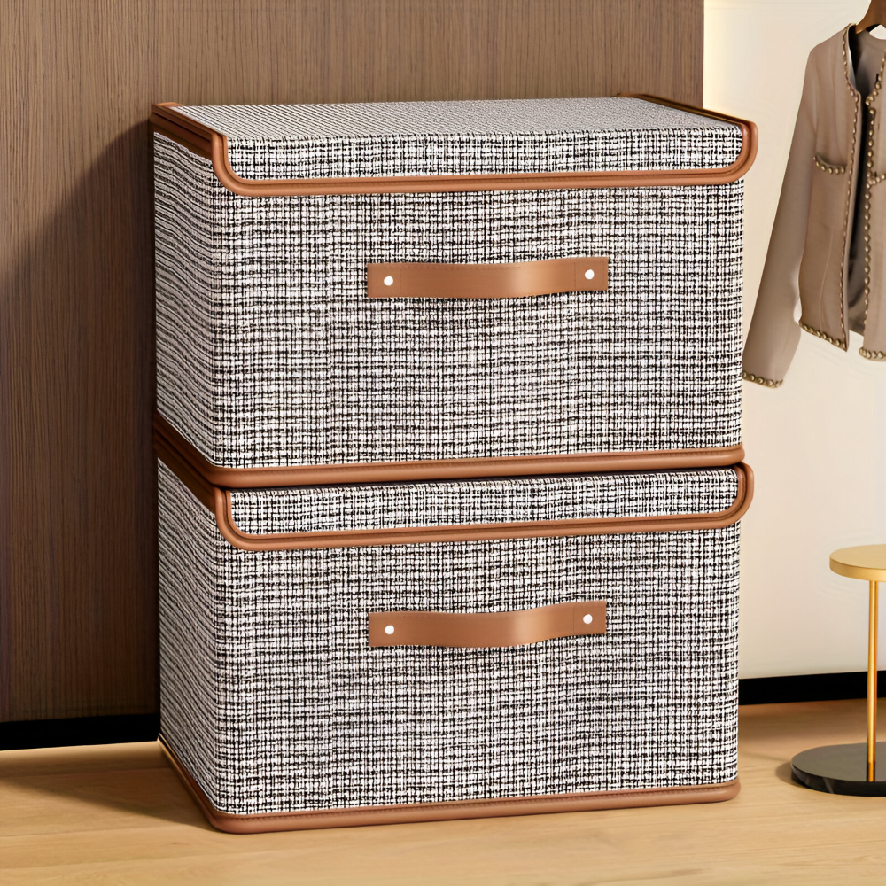 Boîte de rangement pliable en tissu avec couvercle, organisation élégante pour la maison.