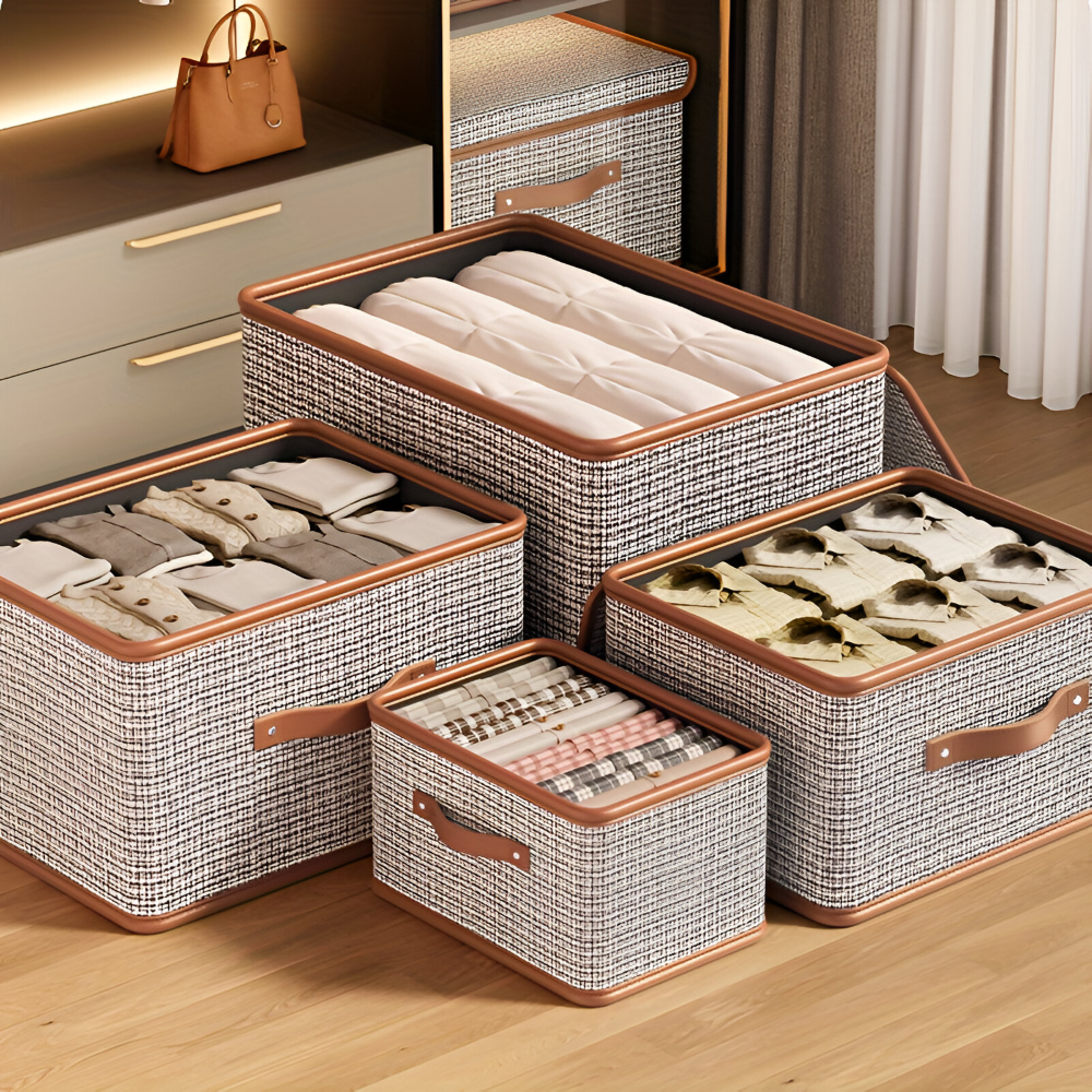 Conteneur de stockage décoratif en tissu, pliable avec couvercle, idéal pour chambre ou salon.