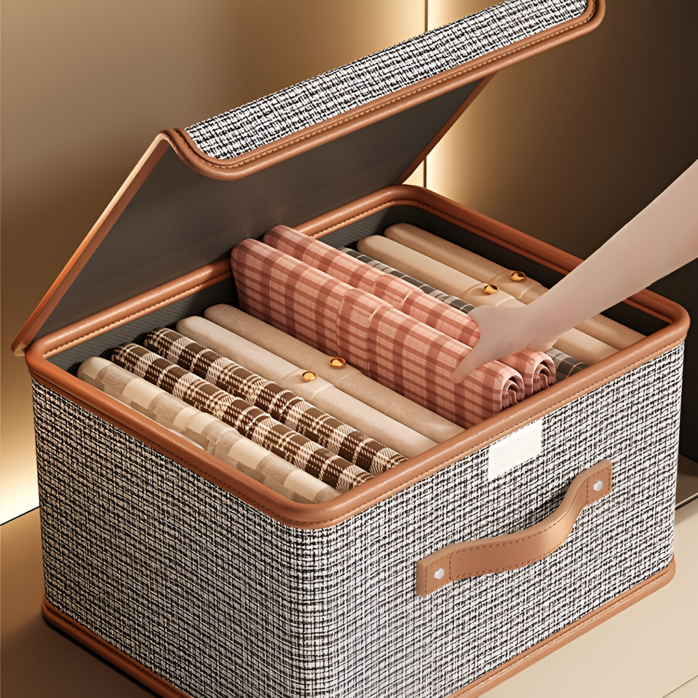Boîte de stockage pliable avec couvercle, idéale pour un rangement compact et une organisation facile.