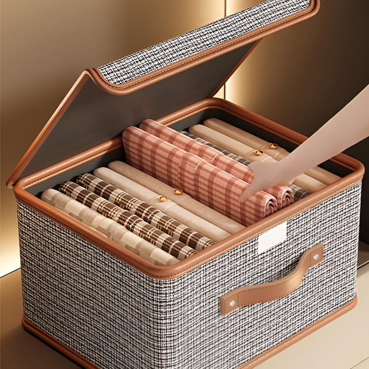 Boîte de stockage pliable avec couvercle, idéale pour un rangement compact et une organisation facile.