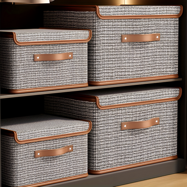 Boîte de rangement avec couvercle protecteur, pliable et élégante pour une organisation discrète.