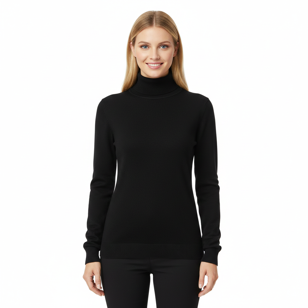 Pull femme coupe ajustée mode hiver/automne, col roulé. Pour un look chic, sophistiqué et intemporel.