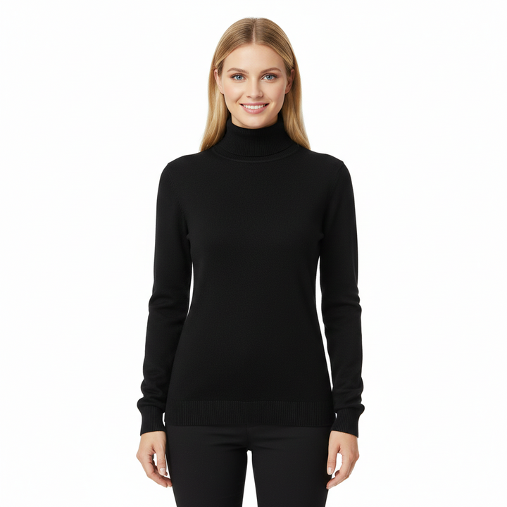 Pull femme coupe ajustée mode hiver/automne, col roulé. Pour un look chic, sophistiqué et intemporel.