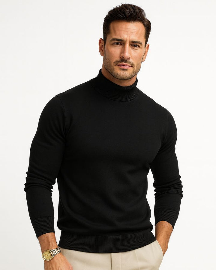 Pull col roulé homme moderne et élégant, parfait pour un look casual chic en hiver.
