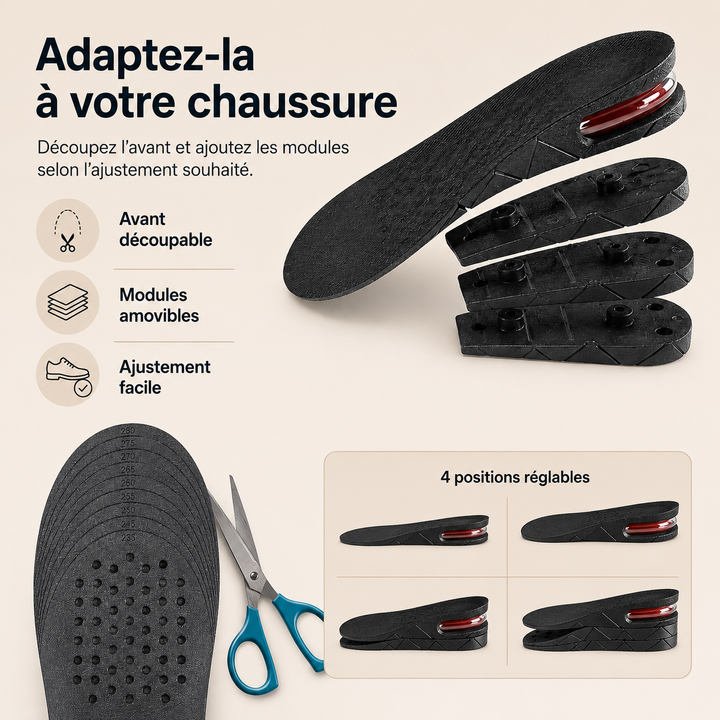 Accessoire chaussures Lift Ease : semelles rehaussantes unisexe, confort supérieur, gain de taille subtil.