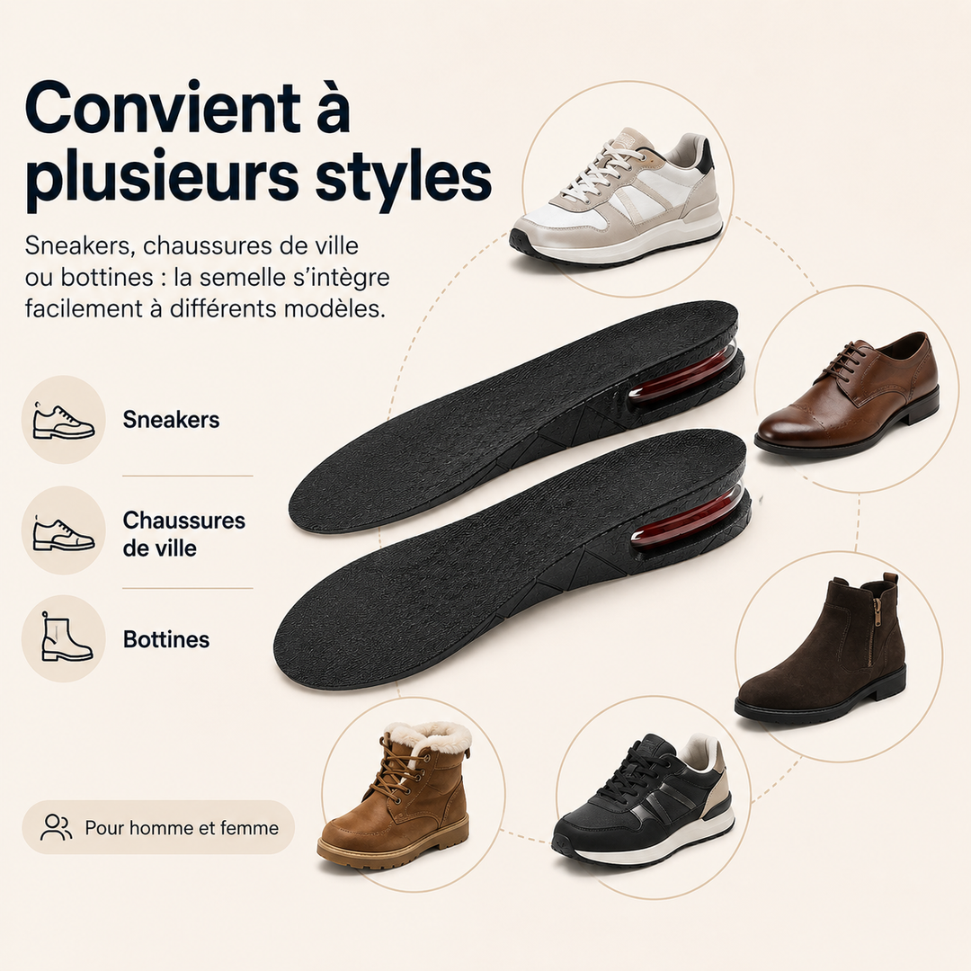 Semelles confort Lift Ease avec coussin d'air pour rehausser la taille discrètement, unisexe.